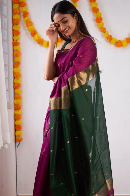 Plum Purple and Forest Green Dual-Tone Cotton Silk Saree