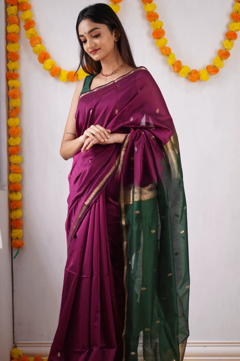 Plum Purple and Forest Green Dual-Tone Cotton Silk Saree