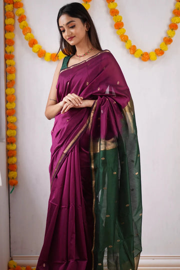 Plum Purple and Forest Green Dual-Tone Cotton Silk Saree