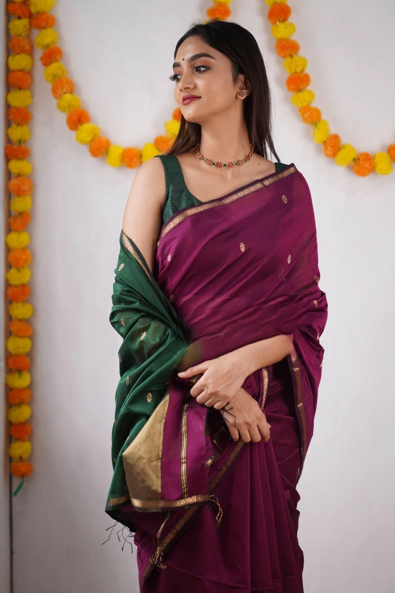 Plum Purple and Forest Green Dual-Tone Cotton Silk Saree