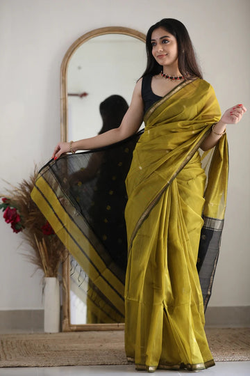 Elegant Olive Green Handloom Saree with Black and Gold