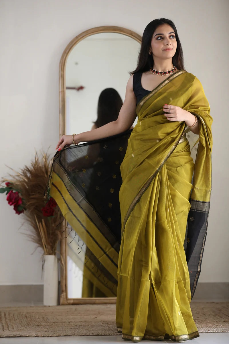 Elegant Olive Green Handloom Saree with Black and Gold
