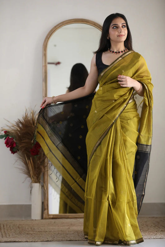 Elegant Olive Green Handloom Saree with Black and Gold
