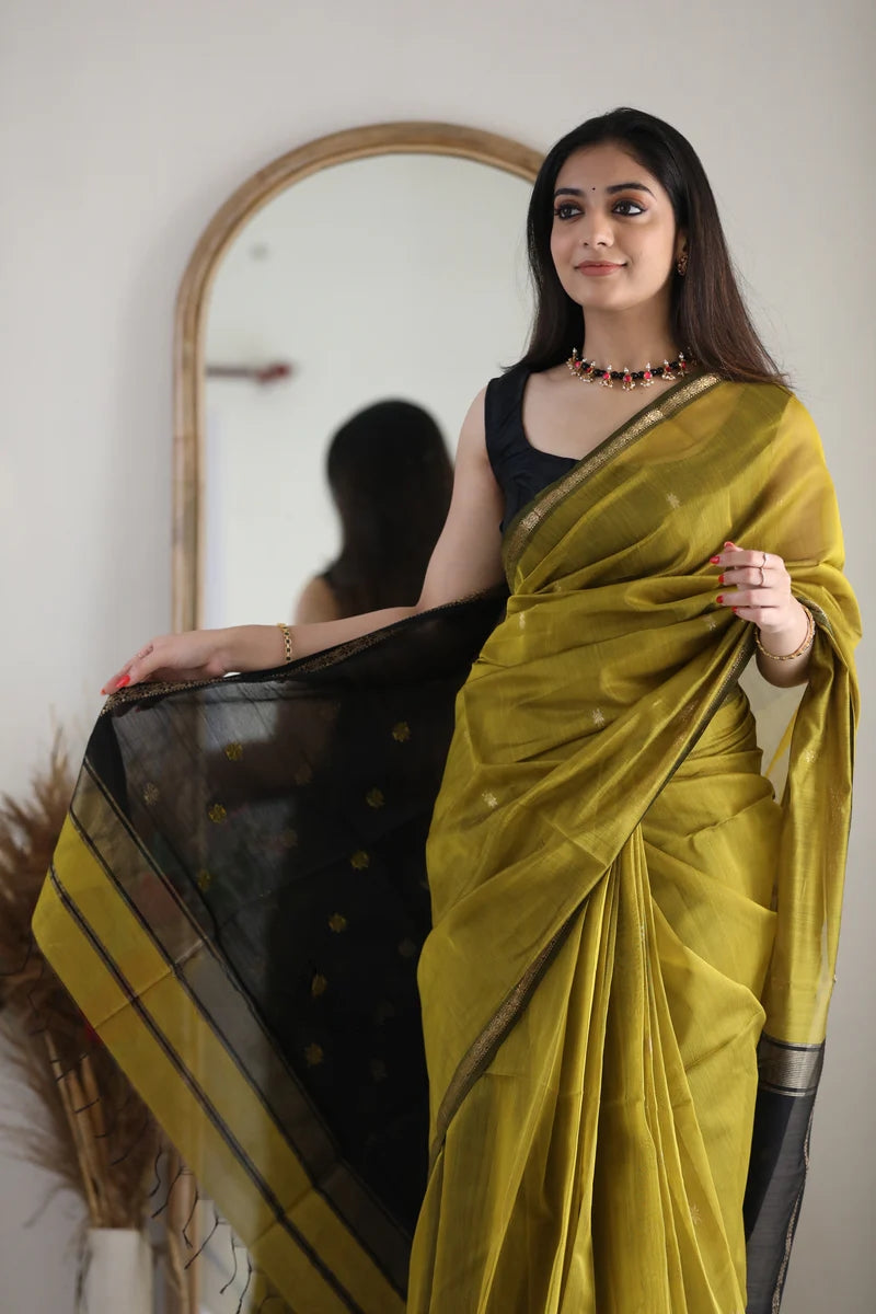 Elegant Olive Green Handloom Saree with Black and Gold