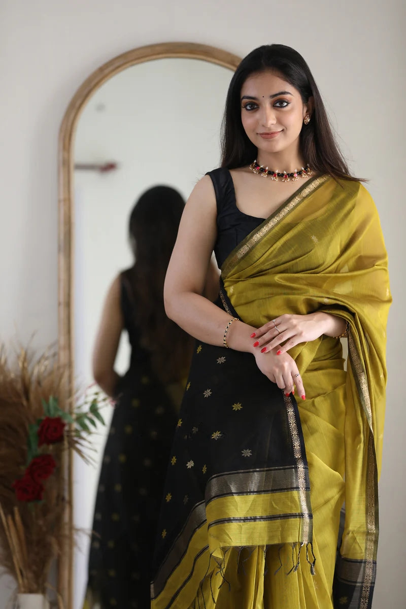 Elegant Olive Green Handloom Saree with Black and Gold