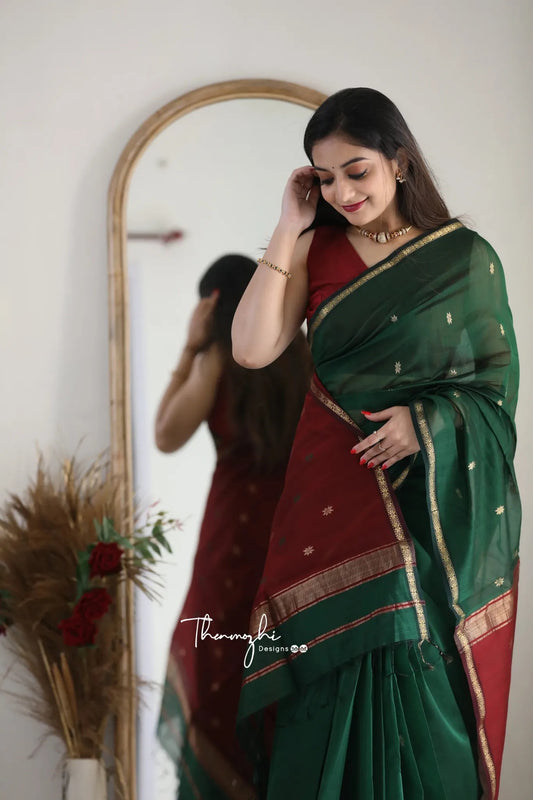 Ruby Red & Forest Green Handloom Saree
