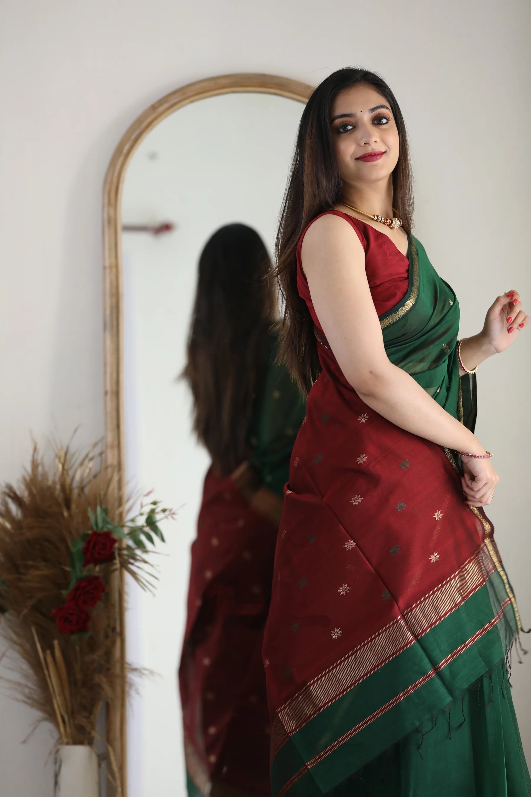Ruby Red & Forest Green Handloom Saree
