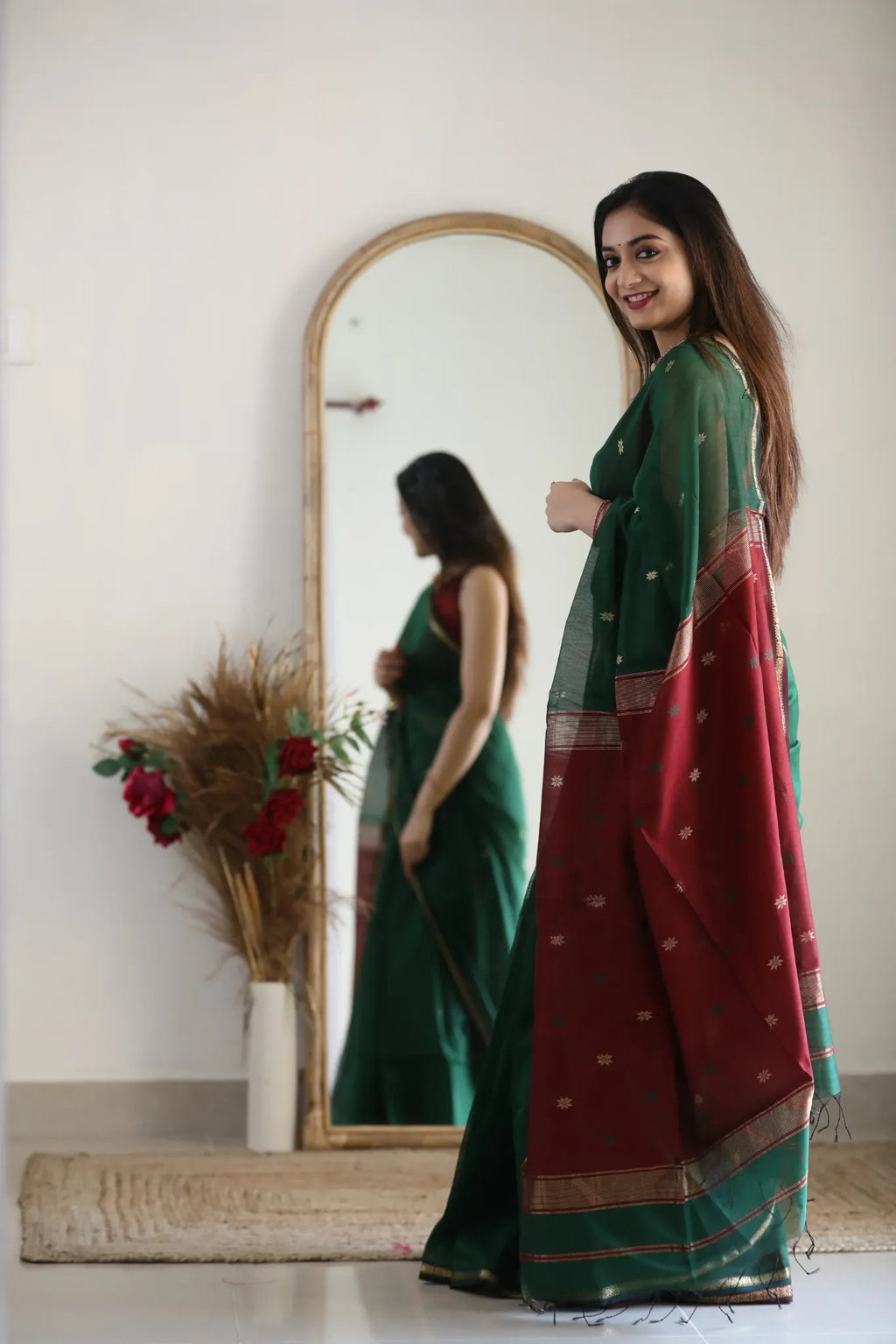 Ruby Red & Forest Green Handloom Saree