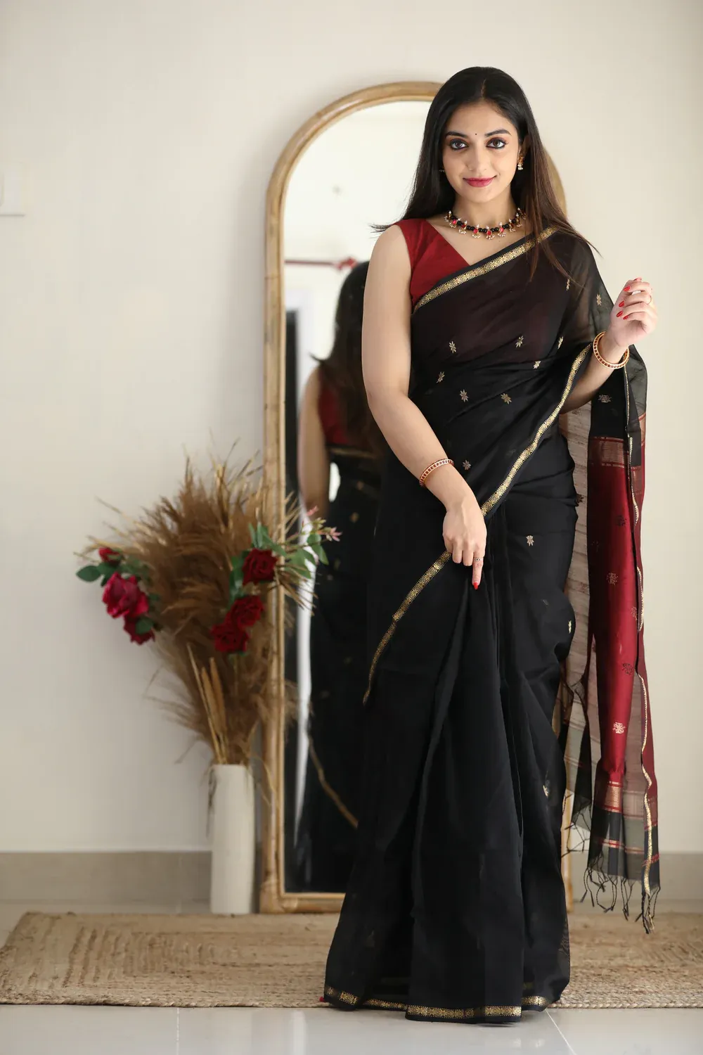 Regal Black and Maroon Cotton Silk Saree