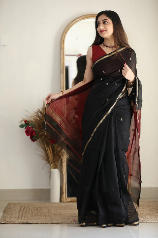 Regal Black and Maroon Cotton Silk Saree