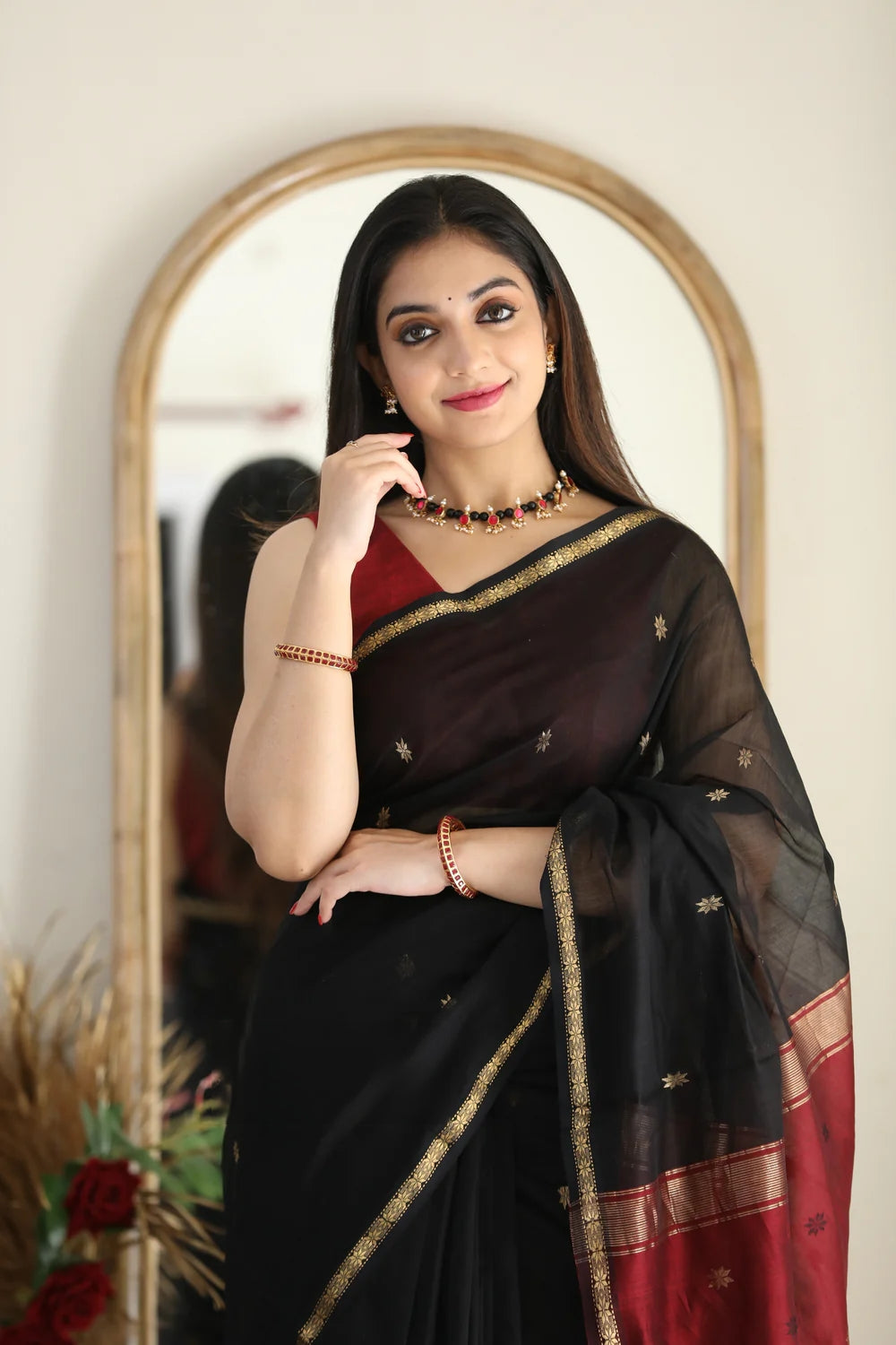 Regal Black and Maroon Cotton Silk Saree