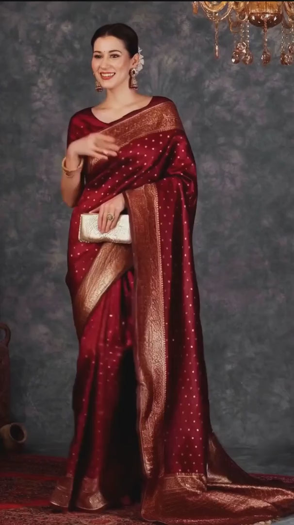 Regal Maroon Banarasi Silk Saree with Golden Zari Buttas